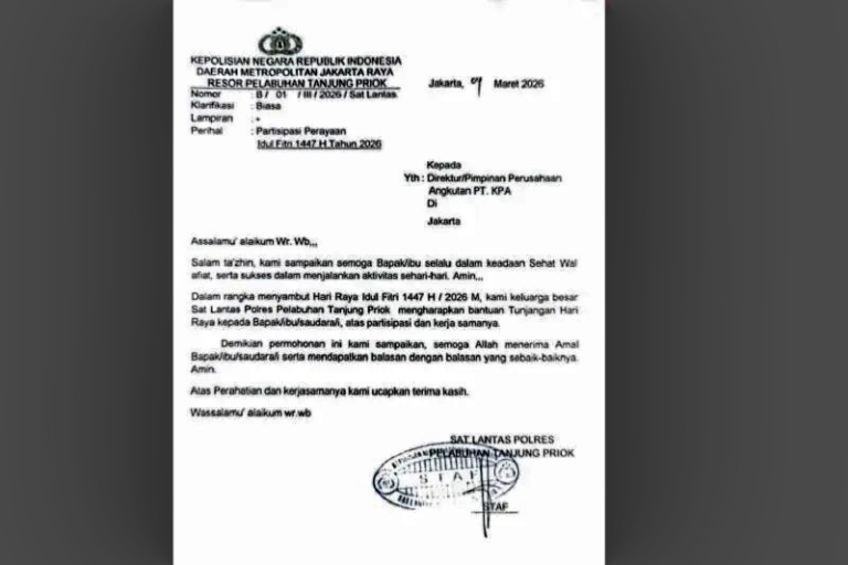 Polda Metro Jaya menyelidiki beredarnya surat permintaan THR yang mengatasnamakan Polres Pelabuhan Tanjung Priok. Polisi memastikan dokumen tersebut bukan dikeluarkan resmi oleh kepolisian. (Ist)