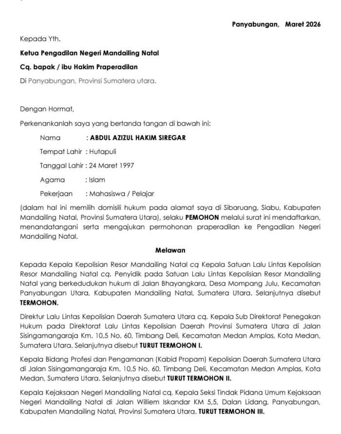 Tersangka Kecelakaan Tak Ditahan, Keluarga Korban Gugat Praperadilan Polres Madina