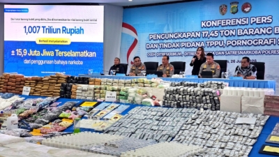 Dalam operasi tersebut, polisi menyita 17,45 ton narkotika dan obat keras dengan nilai barang bukti diperkirakan mencapai sekitar Rp1,7 triliun. (Foto: ReportaseNews/Budi Tanjung)