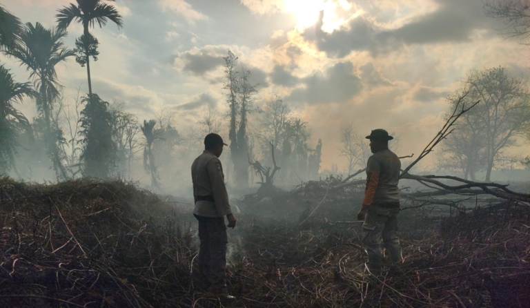 Karhutla kembali terjadi di Kubu Raya. Delapan hektare lahan di Rasau Jaya terbakar, sementara polisi masih menyelidiki penyebab kebakaran dan mengingatkan ancaman pidana bagi pelaku pembakaran lahan. (Foto: ReportaseNews/HO-Humas Polres Kubu Raya)
