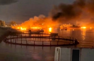 Asap membubung dari sebuah pelabuhan di dekat Selat Hormuz di Kuhestak, Provinsi Hormozgan, Iran, setelah serangan AS pada 8 Juli 2026. (Reuters)