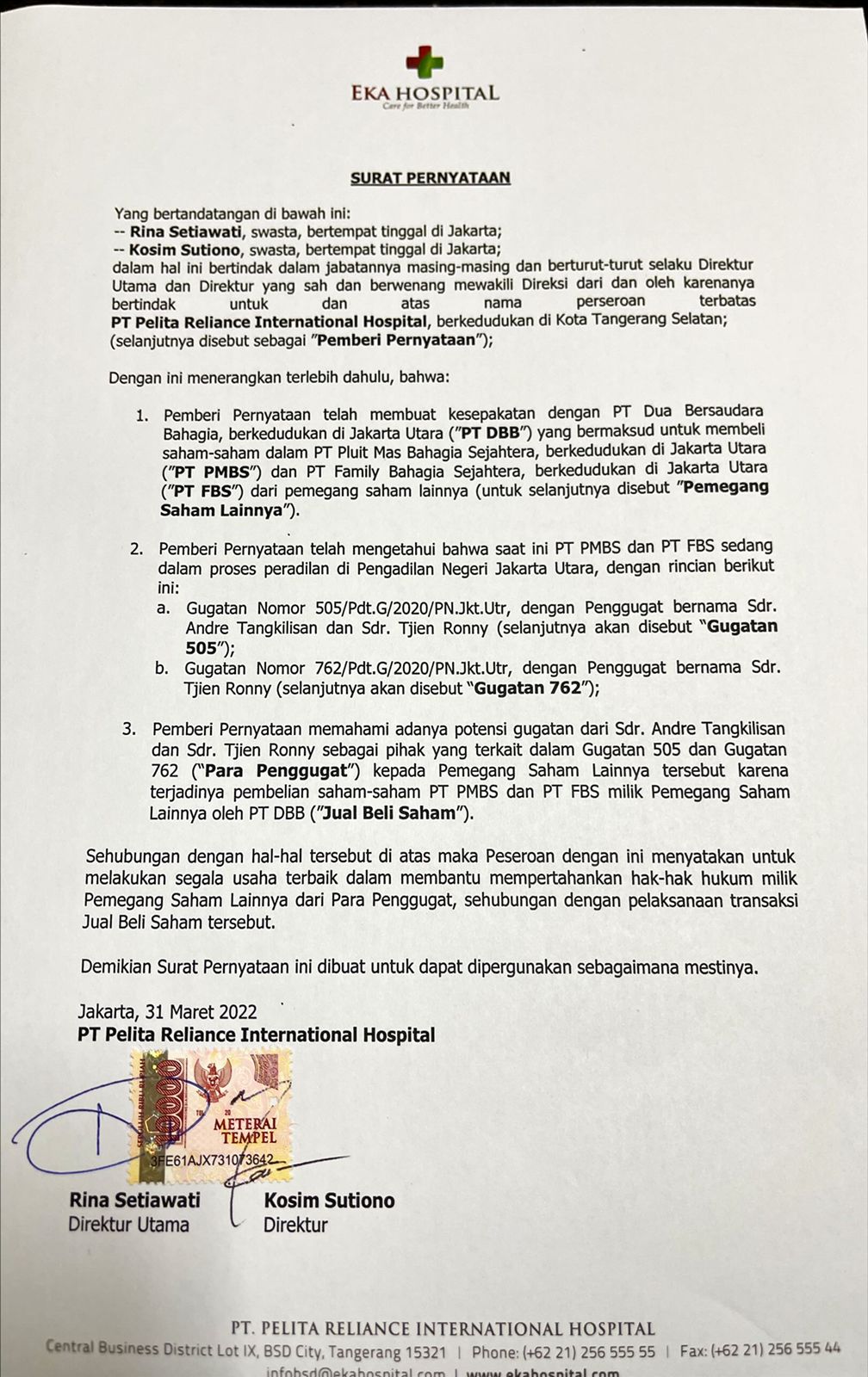 Soal Transaksi Saham RSIA Family, Kuasa Hukum Pemegang Saham Minoritas Buka Suara